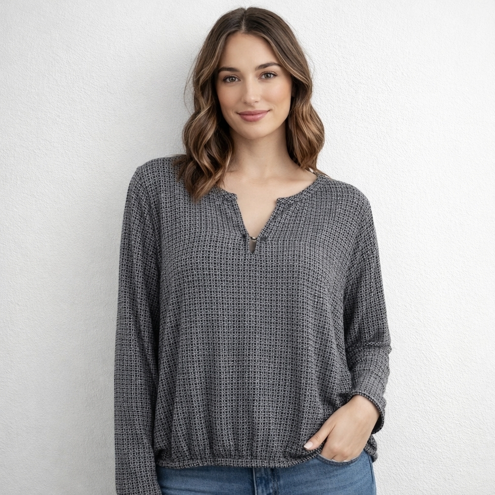 Black & White Geometric Print Blouse | Bubble Hem Elastic Waist Minimalist Chic